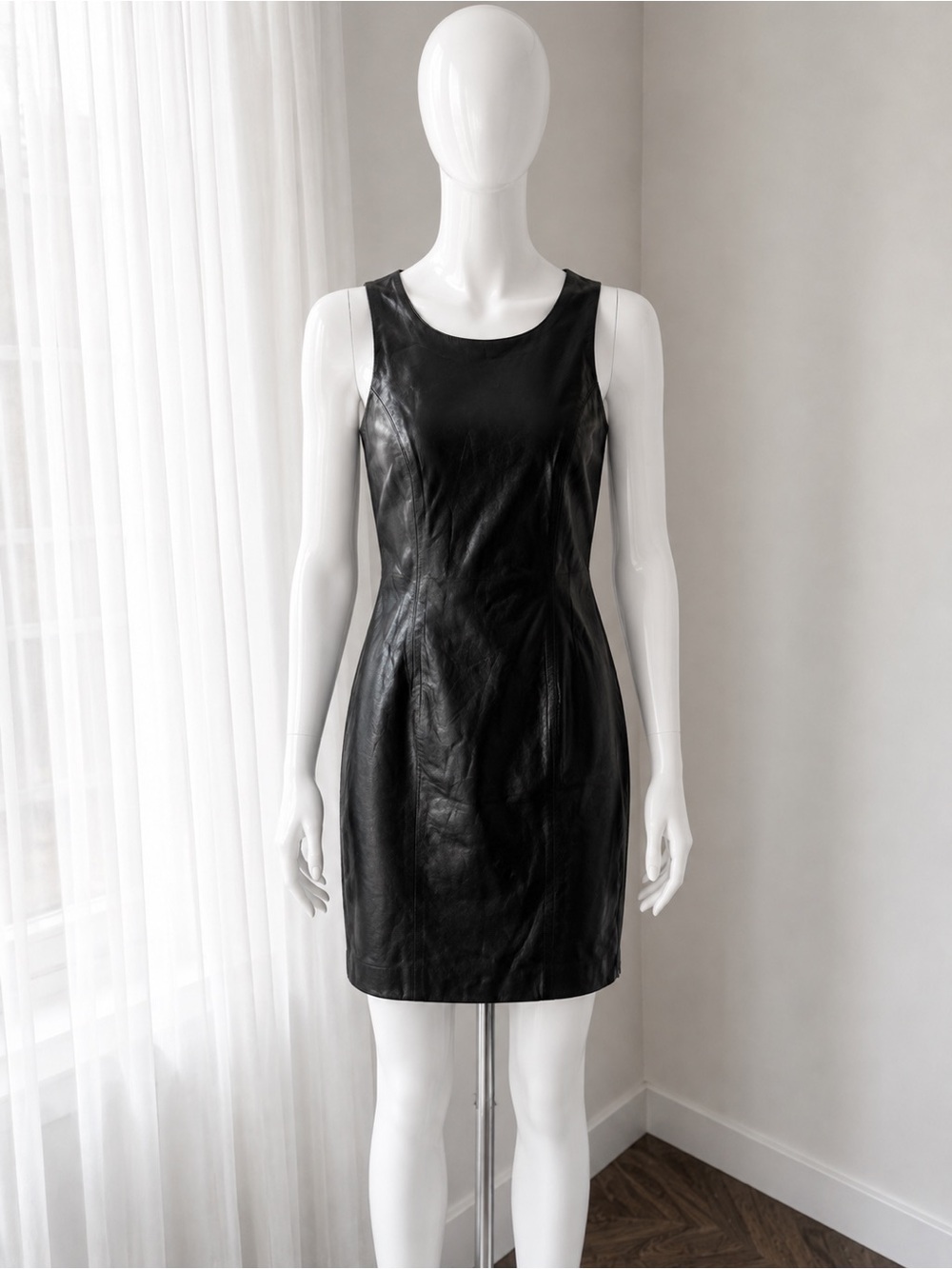 Vintage 90s 00s Chaiken Black Sleeveless Leather Sheath Dress 4 Minimalist